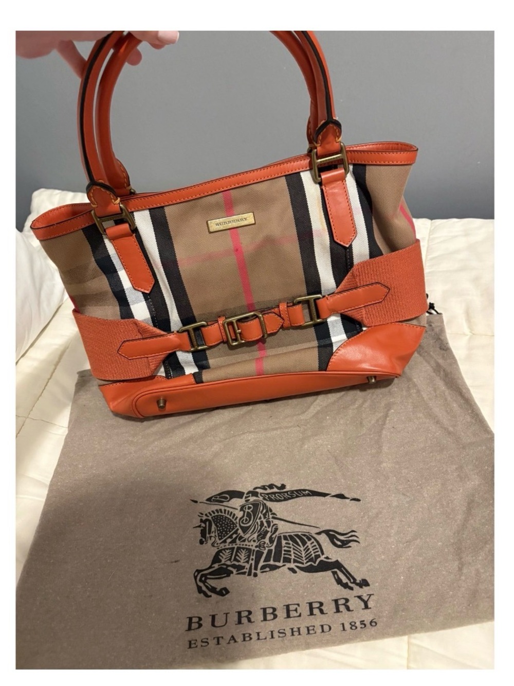 Burberry Nova Check Orange Leather Trim Canvas Tote Shoulder Bag Brass Hardware - Picture 12 of 13